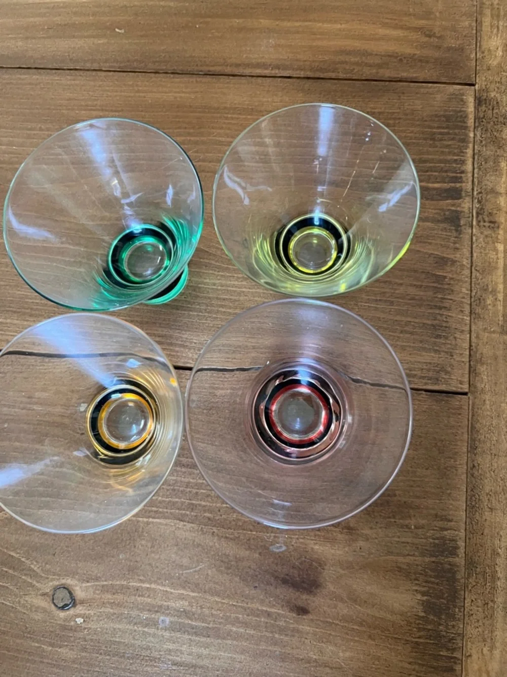 4 Mitbak European Crystal Martini Glasses Colorful Base Black Band Stemless 4x4”