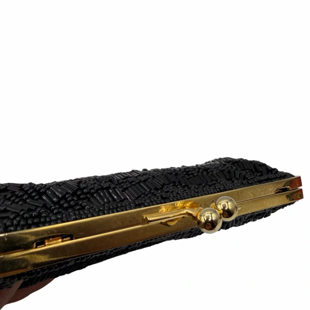 VINTAGE BLACK BEADED EVENING BAG — ART DECO STYLE CLUTCH W/ GOLD KISS LOCK CLAM