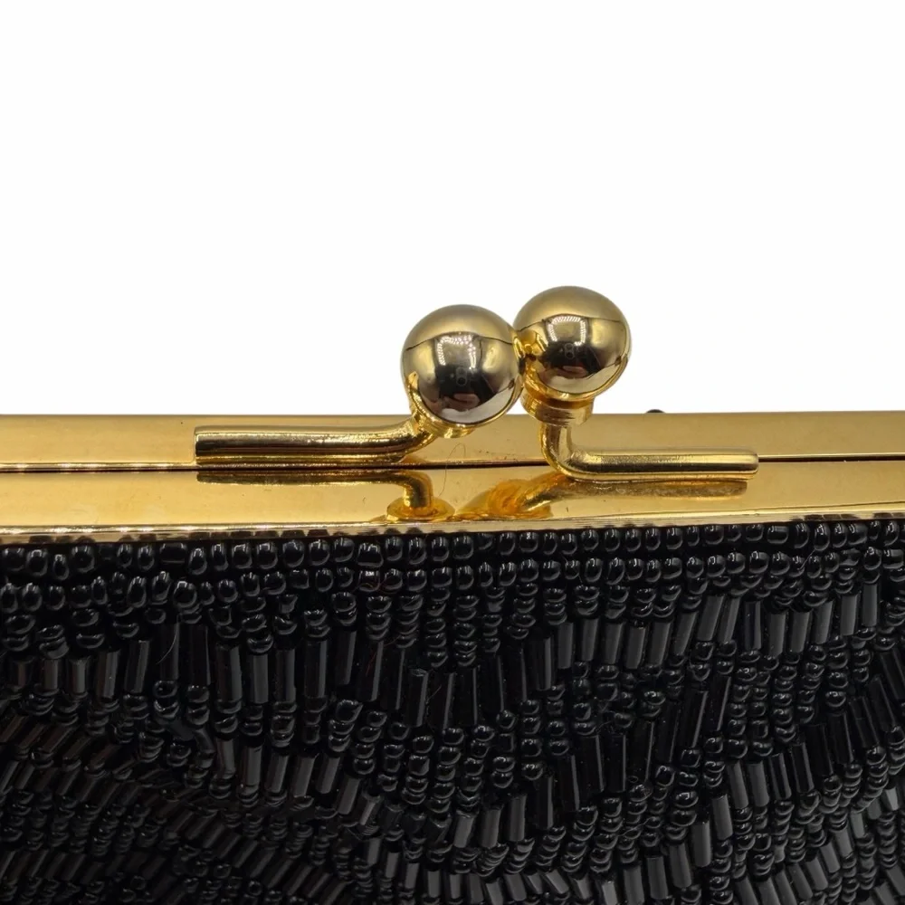 VINTAGE BLACK BEADED EVENING BAG — ART DECO STYLE CLUTCH W/ GOLD KISS LOCK CLAM