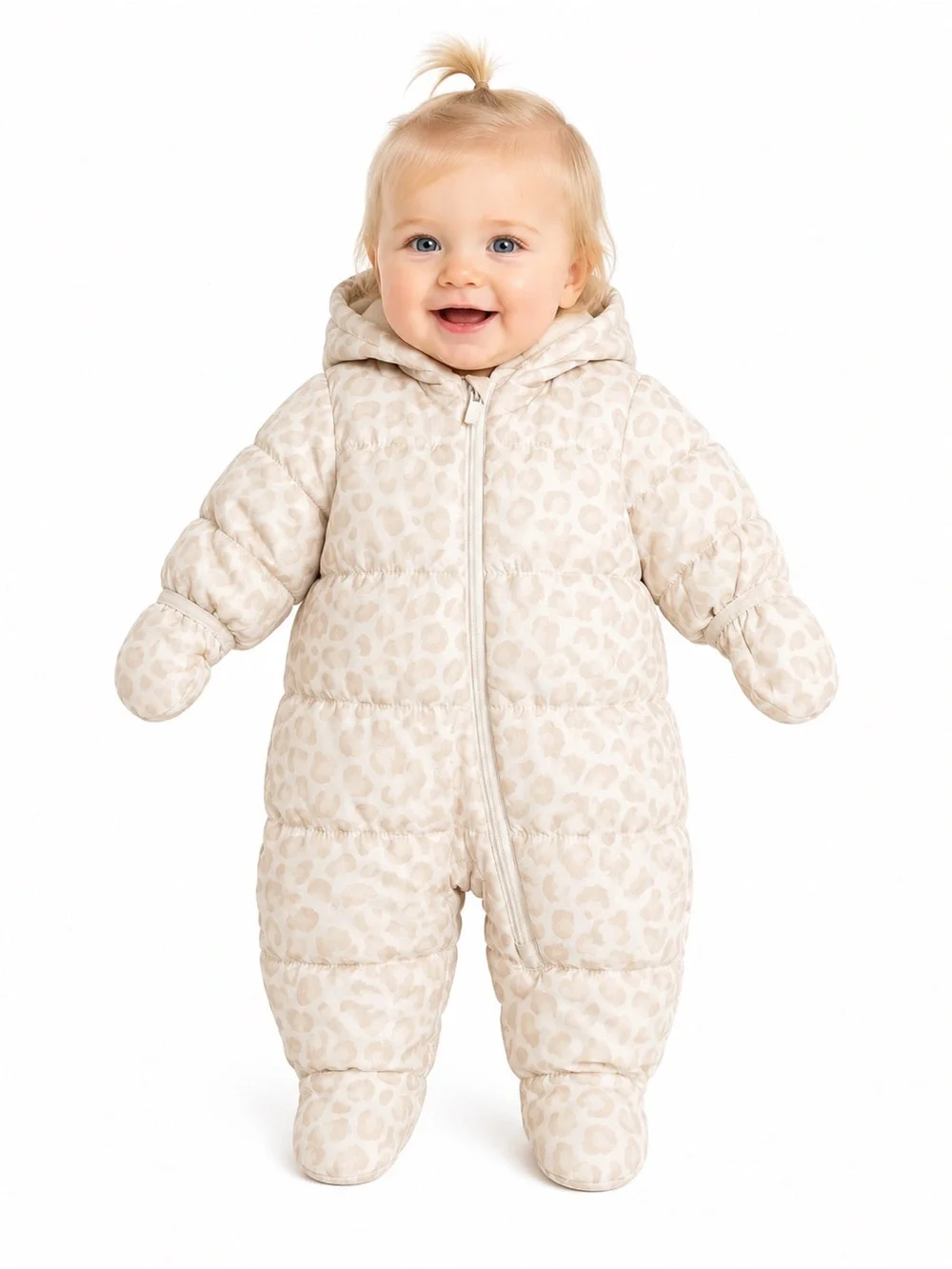 Old Navy Baby Snowsuit Bunting Beige Leopard Print Hooded Winter One Piece 3-6M