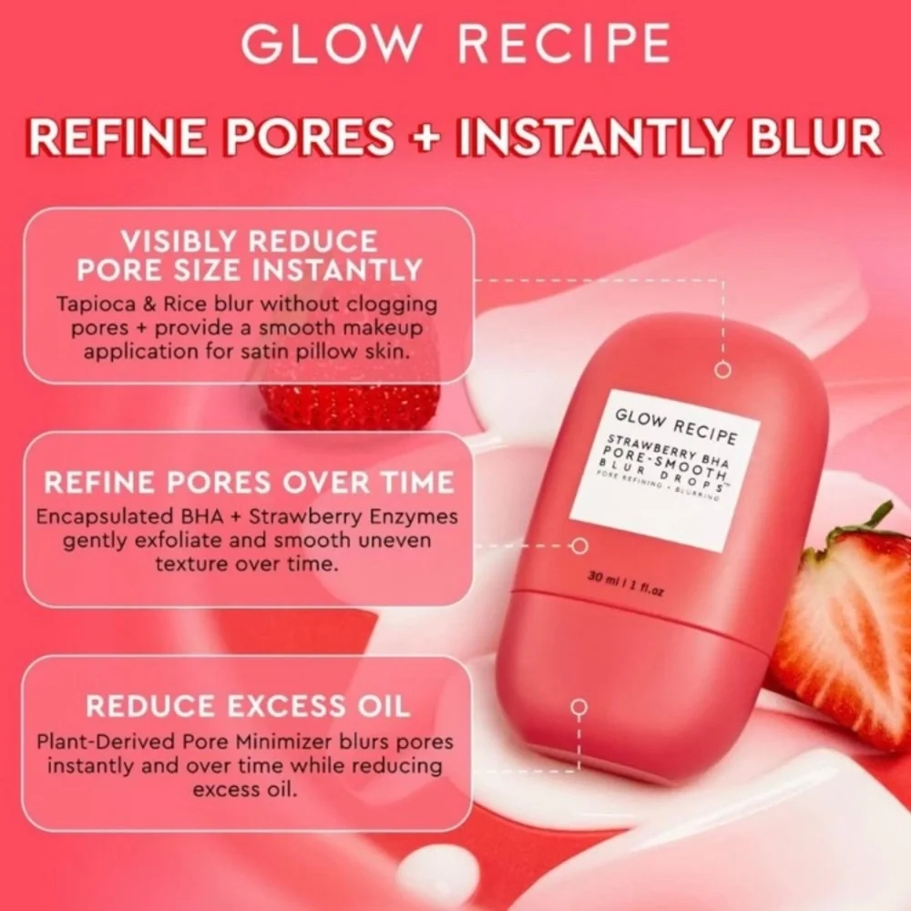 Glow Recipe Strawberry‎ BHA Pore-Smooth Blur Drops, New without box