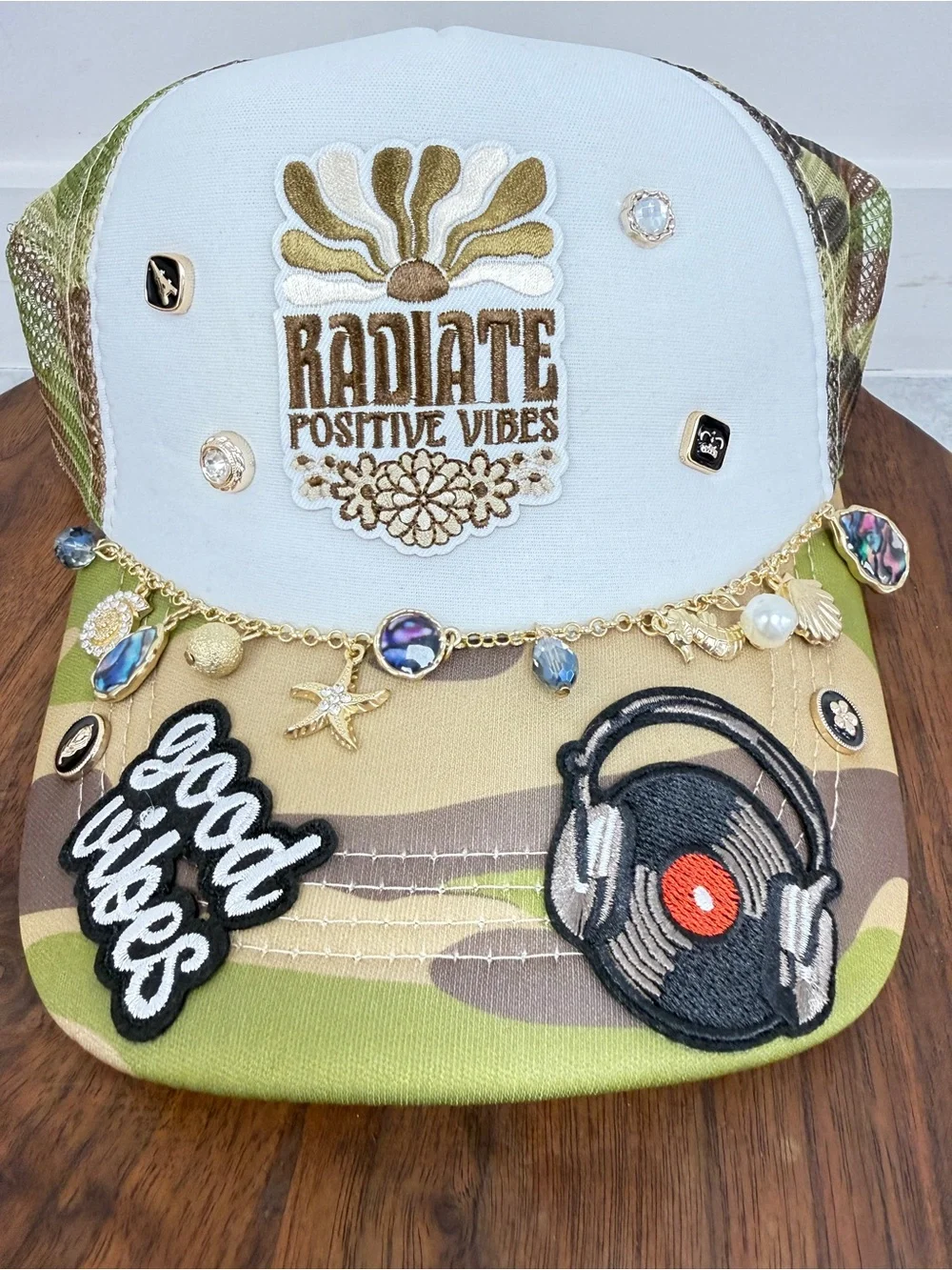Radiate Positive Vibes Olive &‎ White Embellished Trucker Hat
