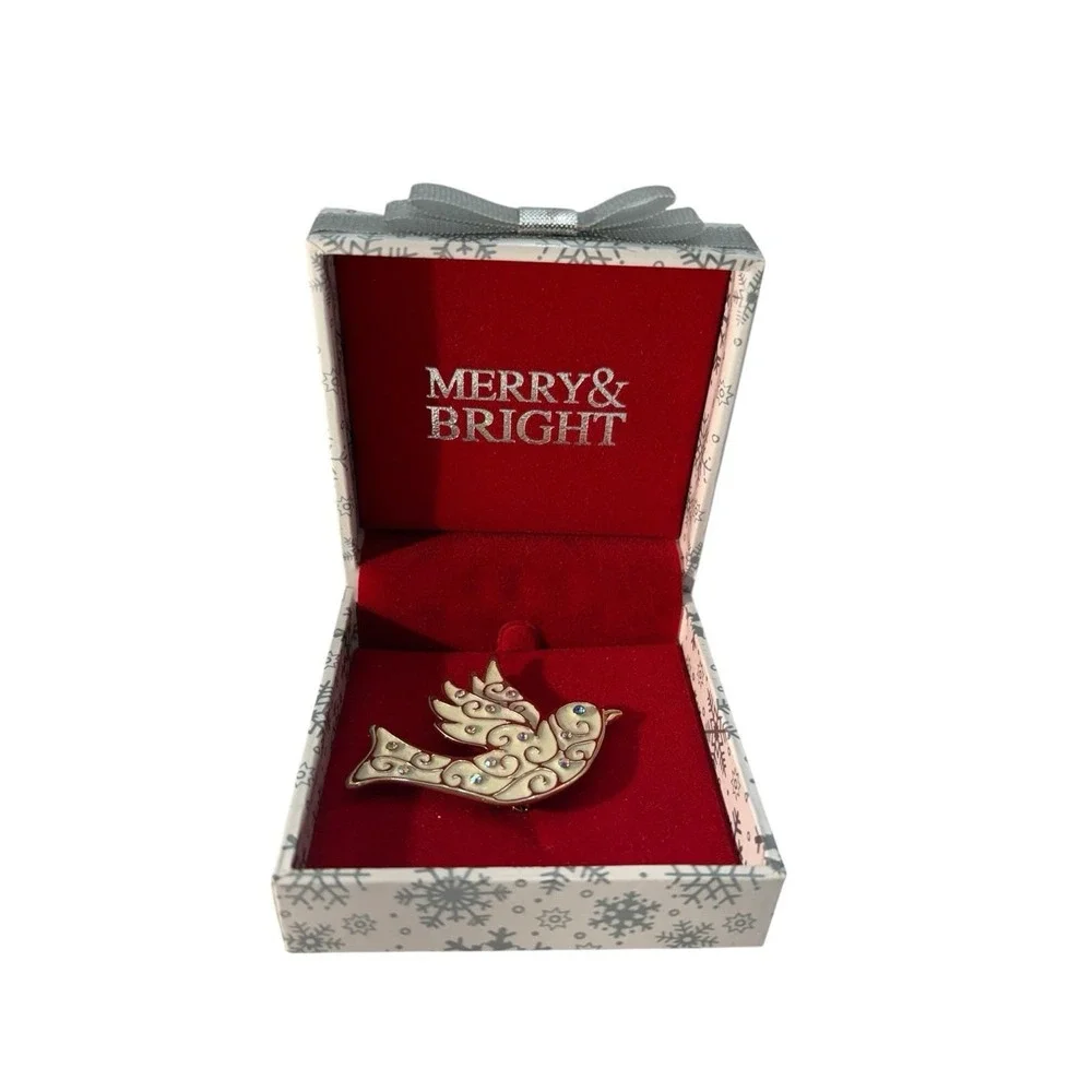 Vintage Silver Tone Enamel‎ Aurora Borealis Rhinestone Dove Bird Brooch Pin
