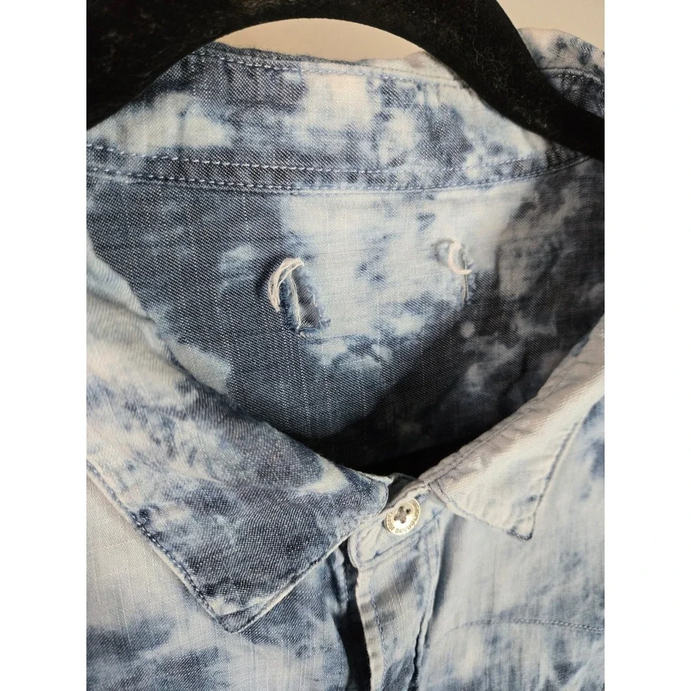 True Religion Tie Dye Western Shirt‎ Indigo Bleached Snap Button Denim