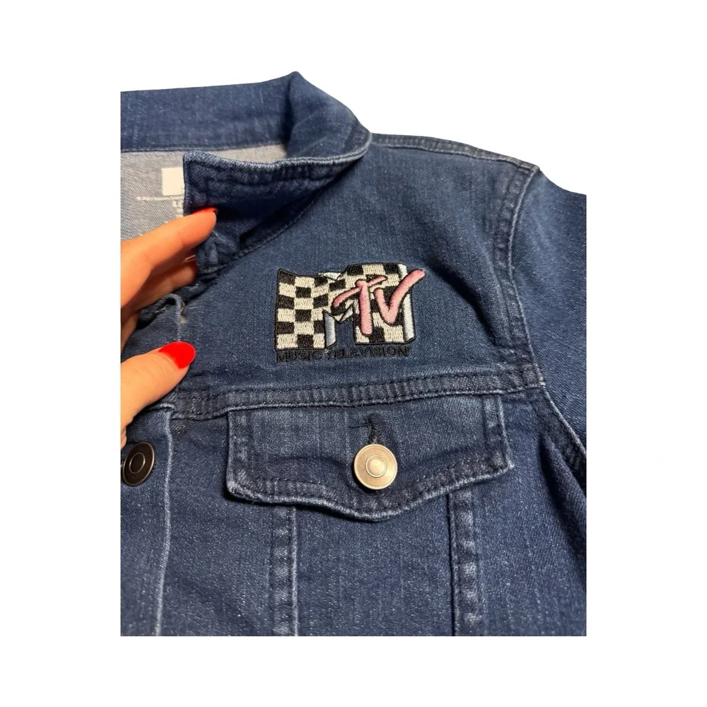 MTV Kids Dark Wash Denim Jacket Blue Checkerboard Logo Graphic Size L 10-12