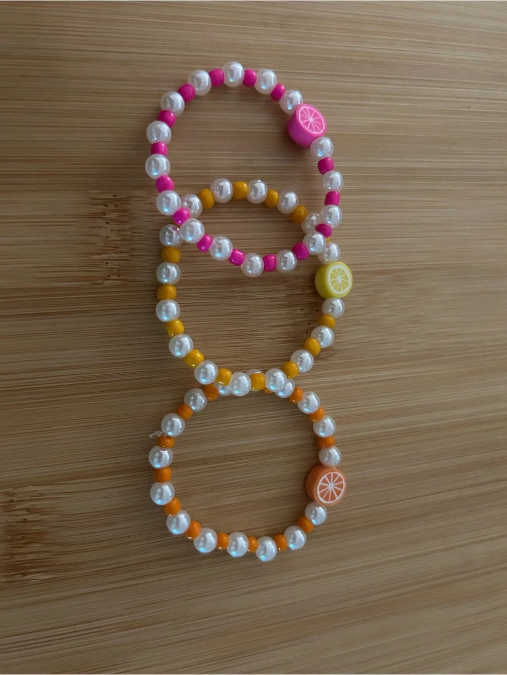 Kids Beaded Elastic Fruit Charm Bracelets - Pink, Yellow, Orange