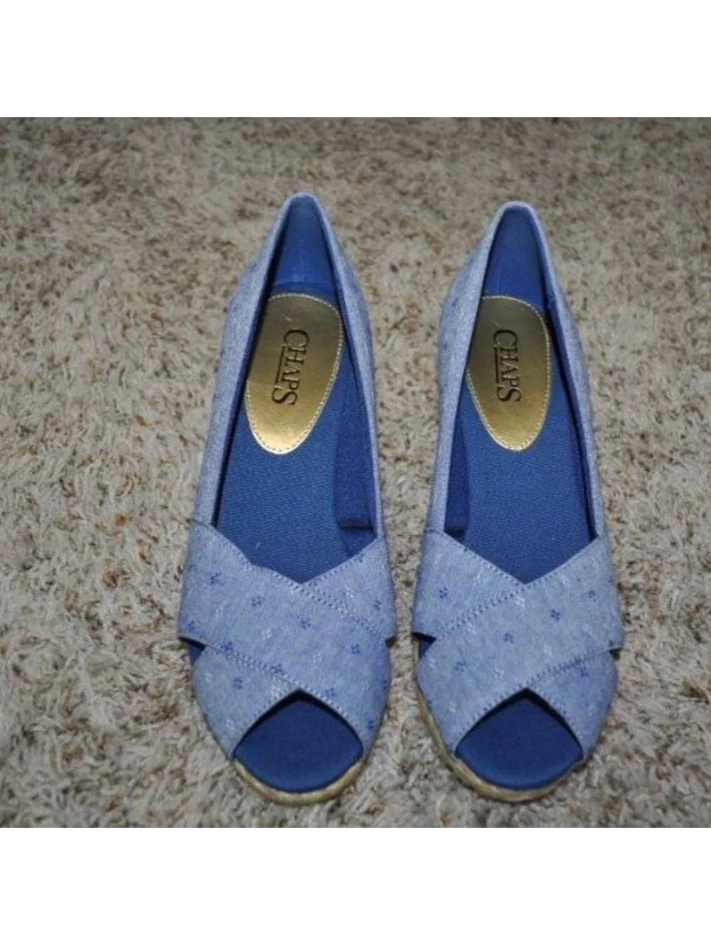 Womens Espadrille Wedge Sandals Chaps Blue Dot Chambray 7 Dakota Peep Toe