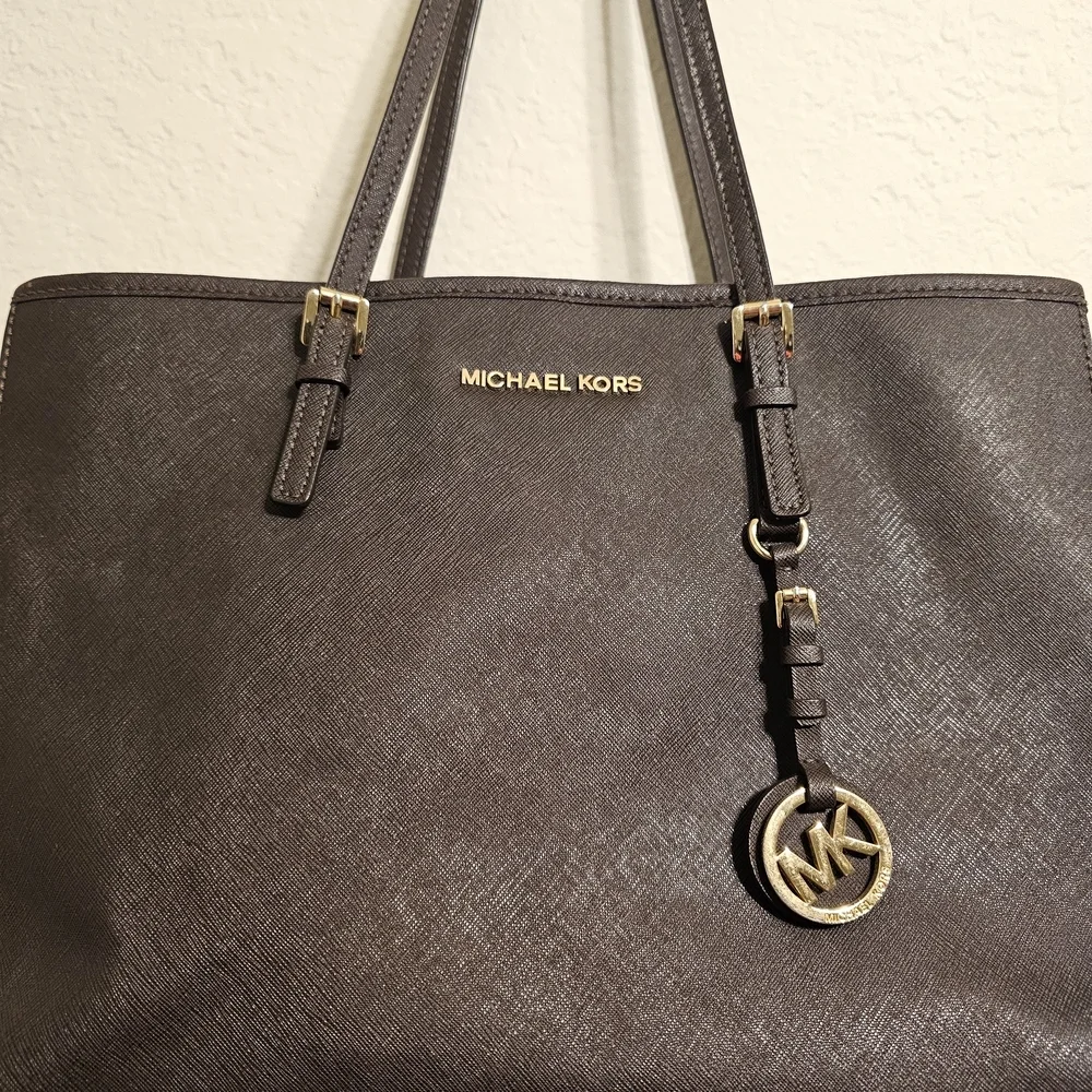 Michael Kors Dark Brown Saffiano Leather Tote with Gold Logo Charm