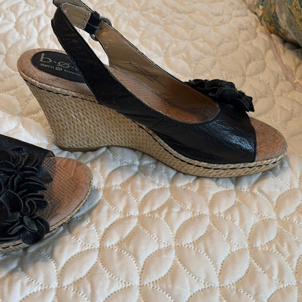 b.o.c. Black Espadrille Slingback 3.5” Straw Woven Heels Shoes Floral Sandals