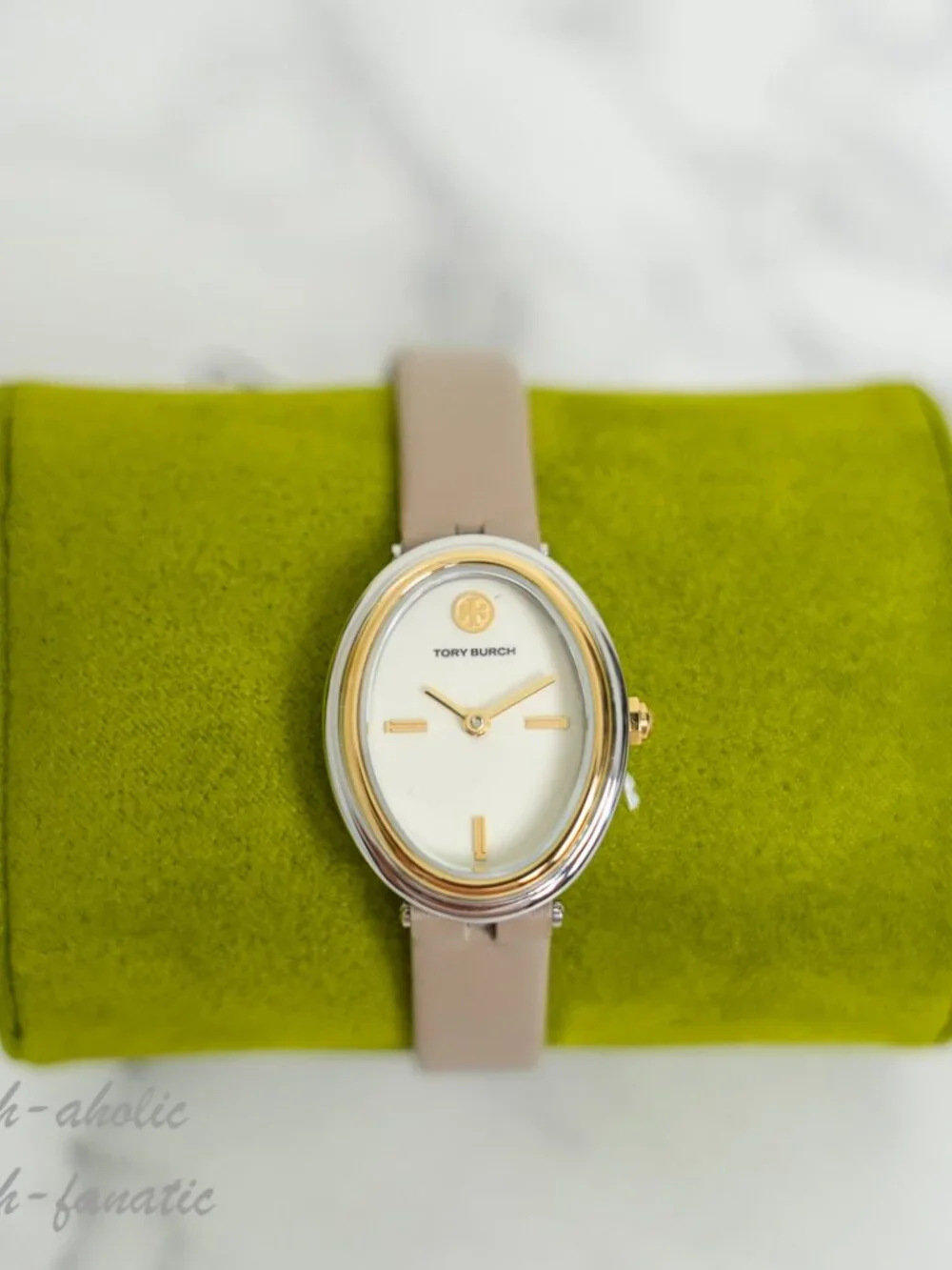 Tory Burch The Oval Gray Leather Strap 22mm Two-Tone Women's Watch TBW6031 NWT