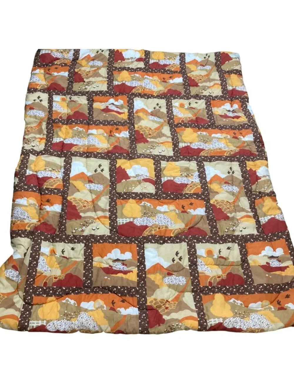 Vintage 1970's Design Comforter With Autumn Scenic Patchwork Pattern 83