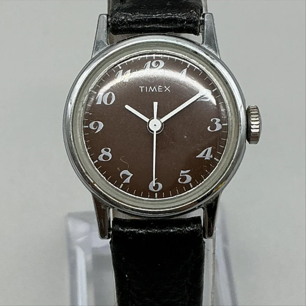 Vintage Timex Womens Watch 24mm Brown Dial Black Leather Strap Manual Wind
