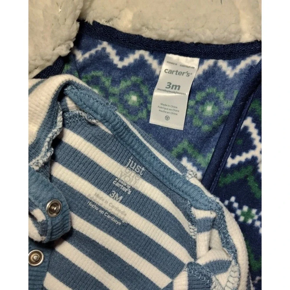 Carter's Baby Boy 3 Mos‎ Hooded Outfit Lot Fleece Thermal Stripe Dinosaur EUC