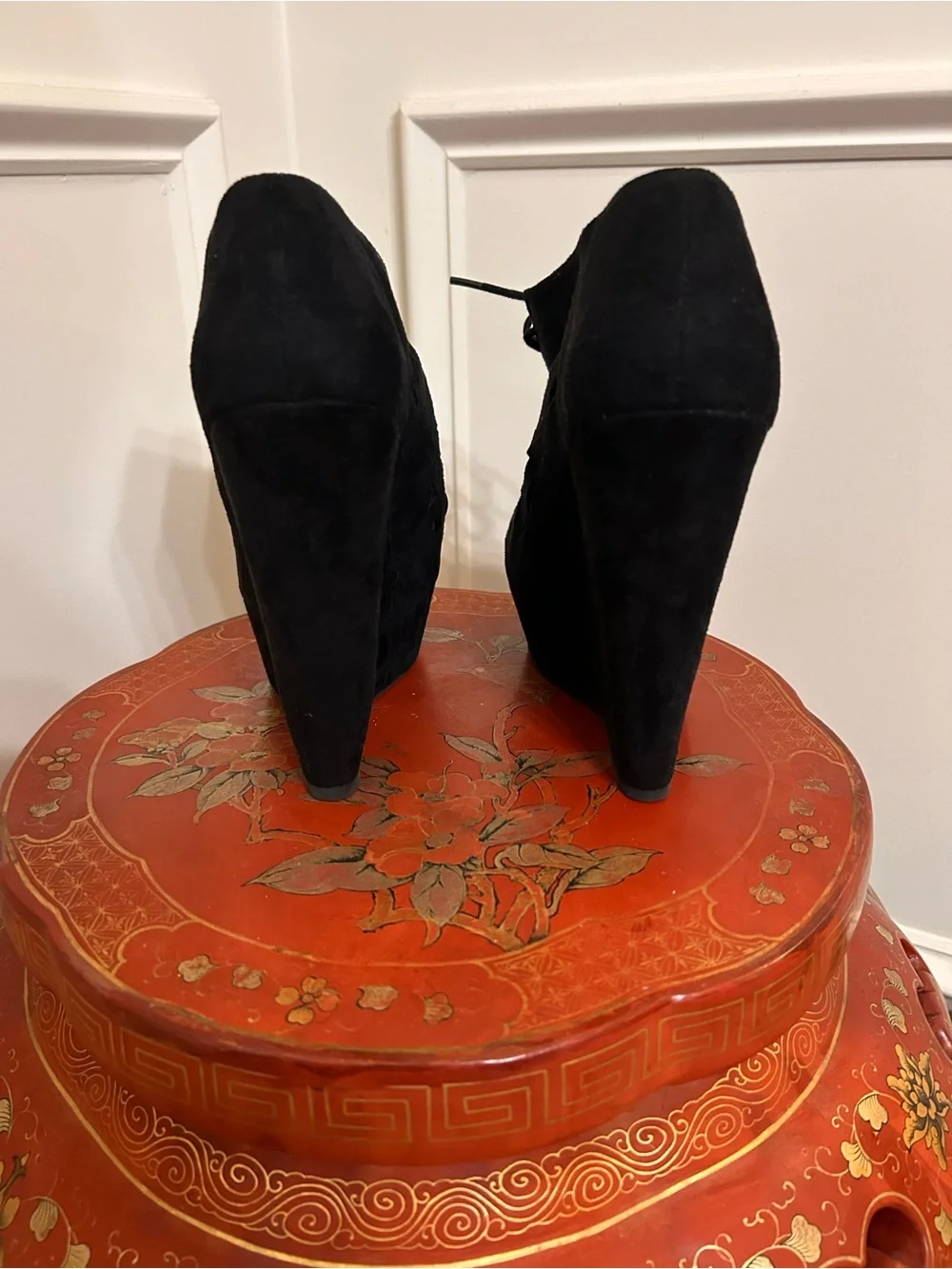Delicious Black Suede Peep Toe Lace-Up Wedge Booties