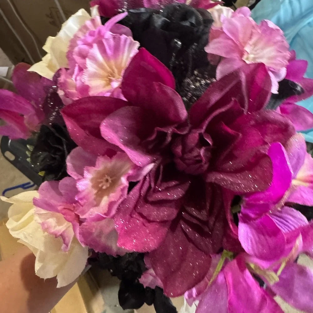 Silk Floral Bouquet in Cream, Black & Magenta - Home Accents‎