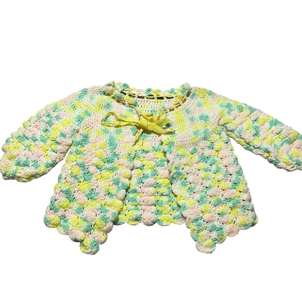 Vintage Handmade Colorful Crochet Knit Kids Jacket Fits Sizes 2+ Adjustable Bow