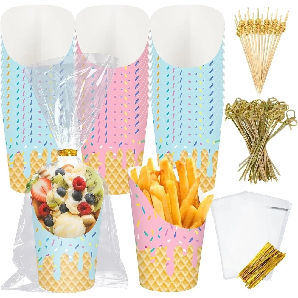 50Pcs Ice Cream Charcuterie Paper Cups Set - Pink & Blue Sprinkle Summer Party