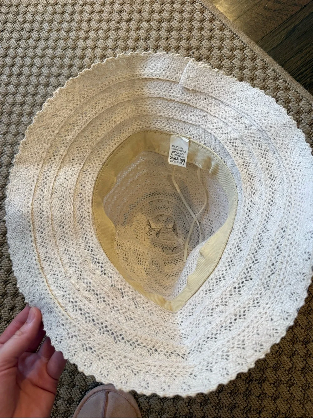 Crocheted Straw Sun Hat with Leather Tie - Cream