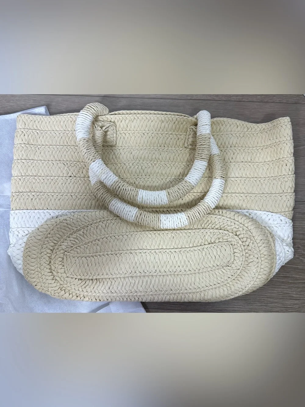 NWT Altru Beige & White Woven Straw Tote Bag