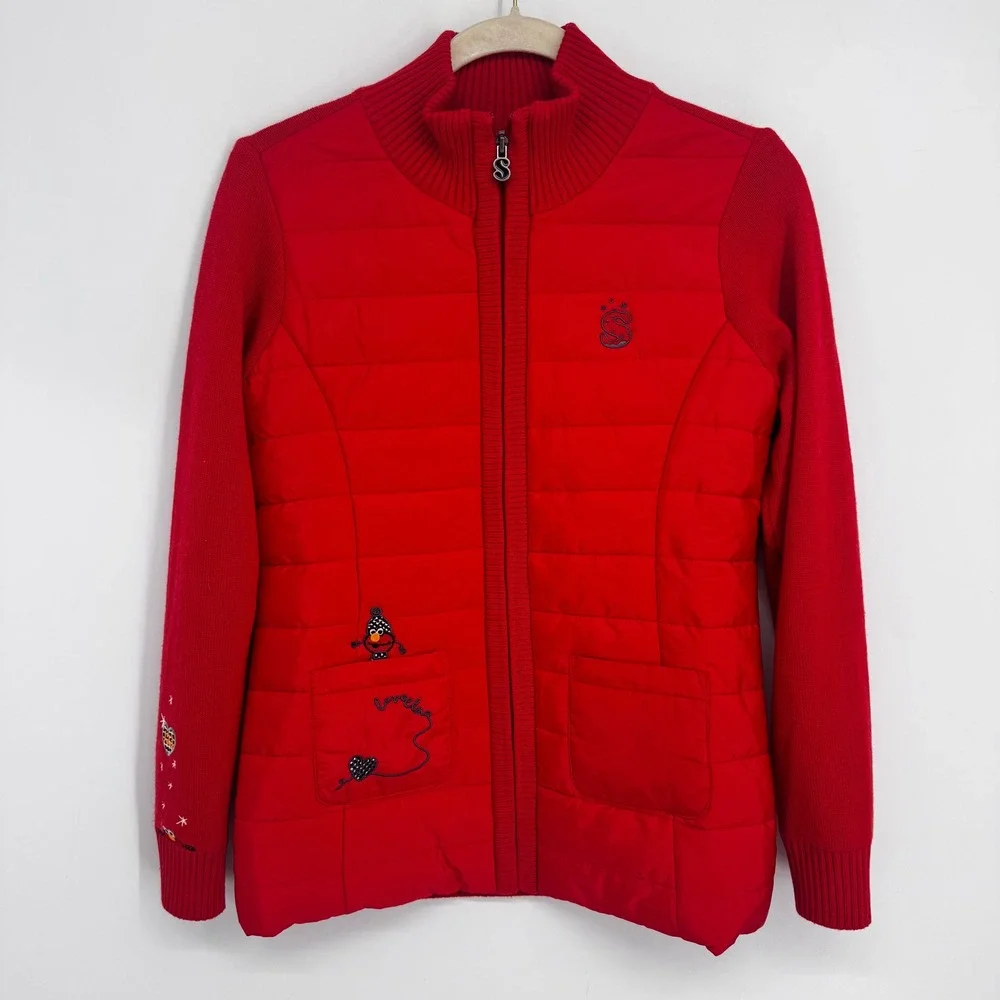 Sesame Street Elmo Puffer Sweater Jacket Kids 90 Red Hybrid Zip Up Kidcore