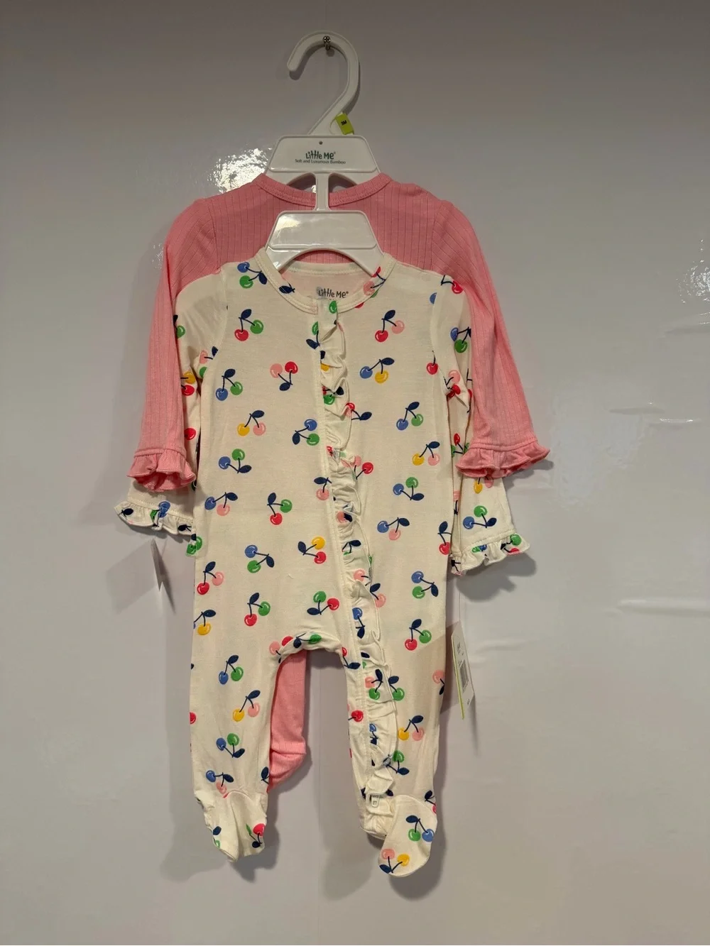 Little Me Bamboo Pink & Cream Cherry Print Footed One-Piece - 2-Pack NWT‎