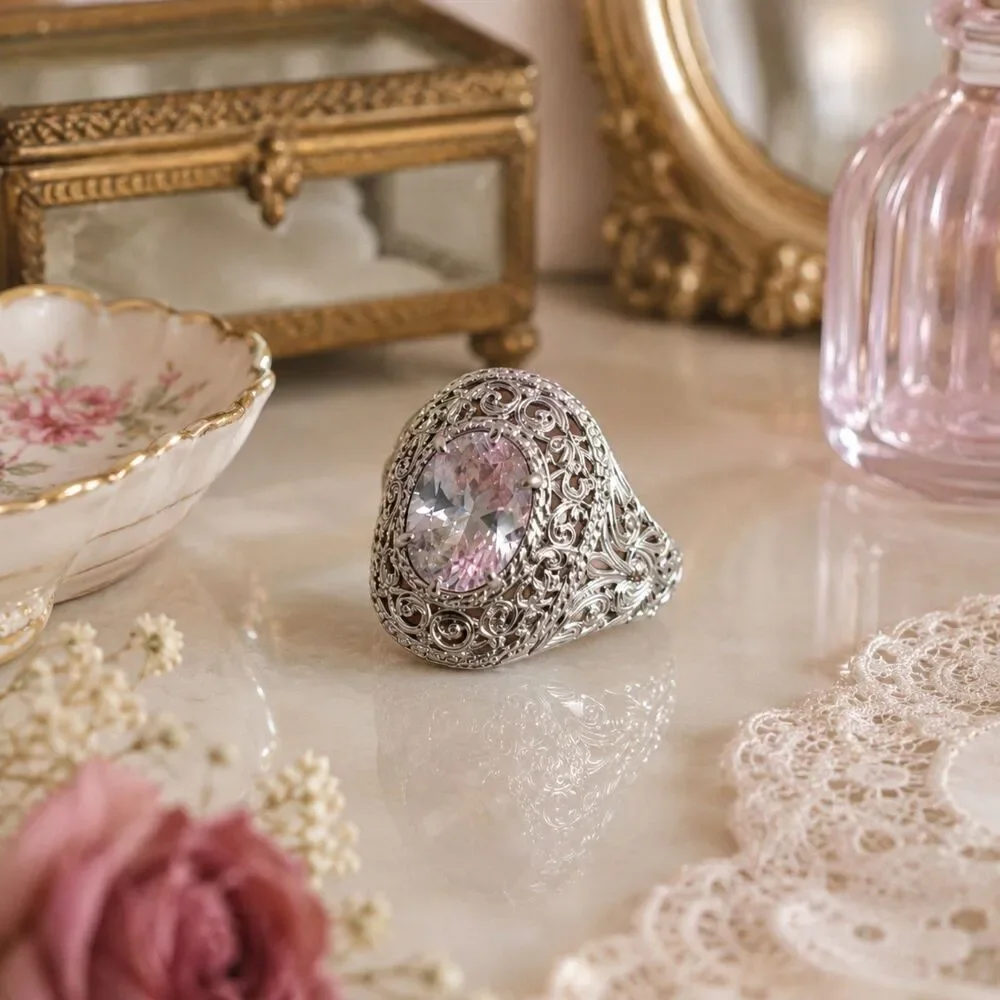 Vintage Style Filigree Cocktail Ring Silver Tone Clear Cubic Zirconia Statement