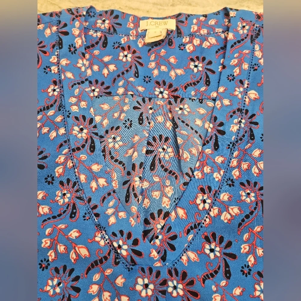 J.Crew Floral Blouse F3802 Small Blue Red Long Sleeve V-Neck FA16