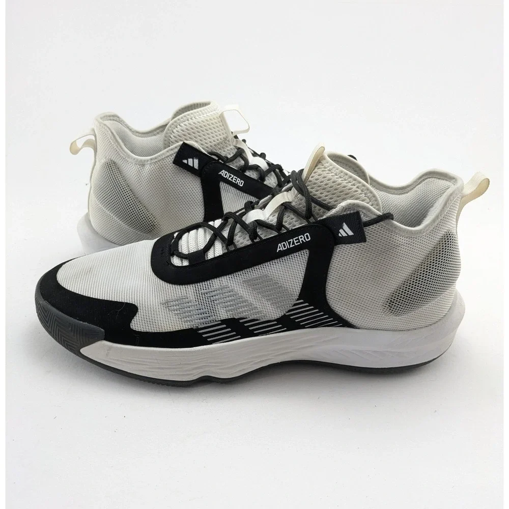 Mens Adidas White Black Mid Top Adizero Basketball Shoes IE9322 Size 14.5