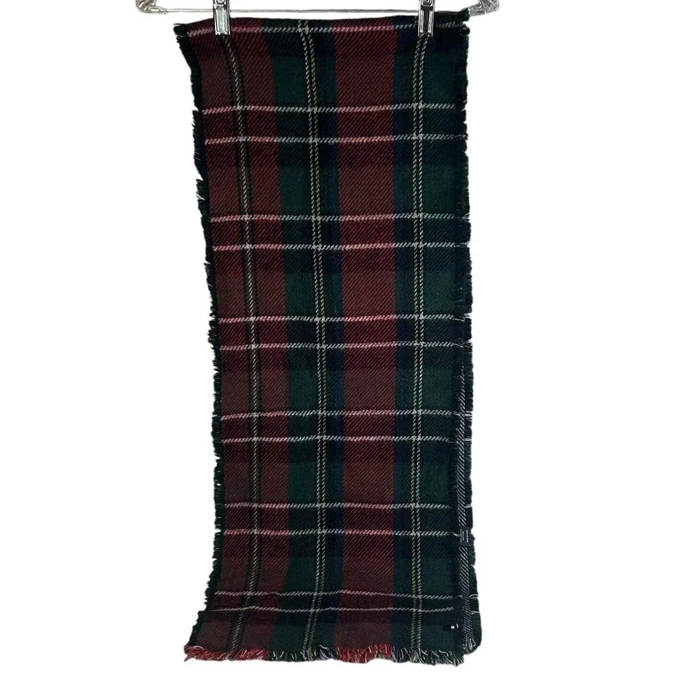 Tommy Hilfiger Scarf Red Green Plaid Fringe Acrylic Unisex‎