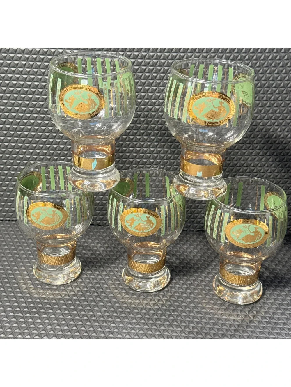 5 MCM Cera Cora Cocktail Water Goblets Barware Gold & Green Federal Glass 10oz