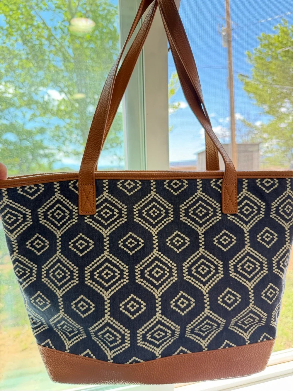 thirty-one Navy Geometric Tote with Tan Trim