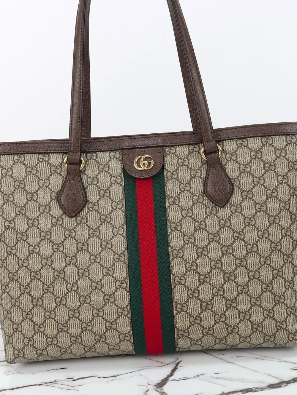 Gucci Beige Brown Monogram Tote with Green-Red Web