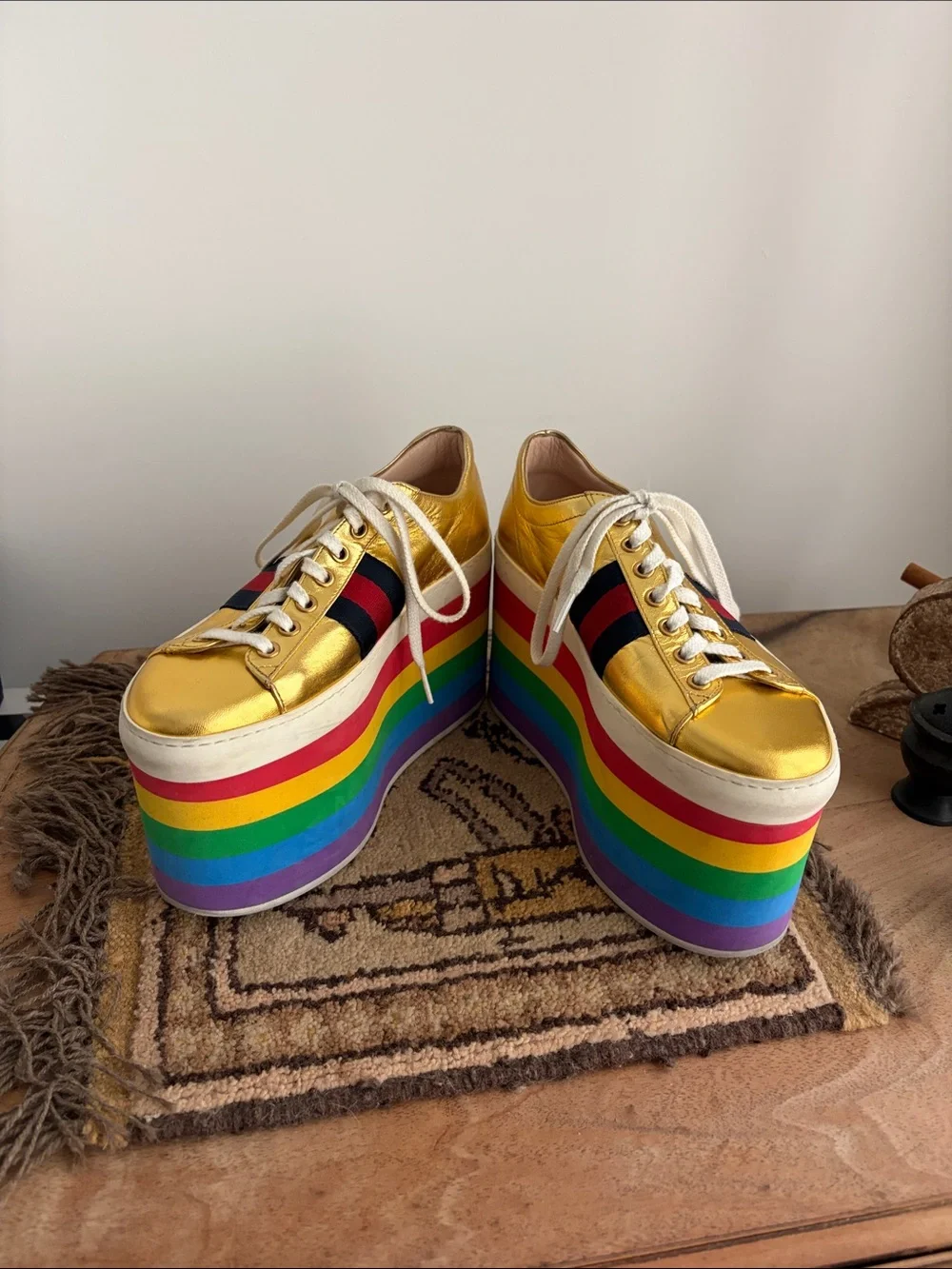 Gucci- PEGGY Gold Rainbow Platform Sneakers - Women's  Lace-Up sz 36 - DAMAGED