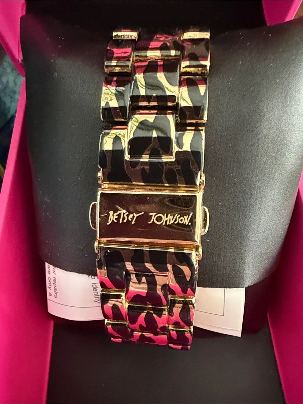 Betsey Johnson Gold Tone Watch with Pink Leopard Accents