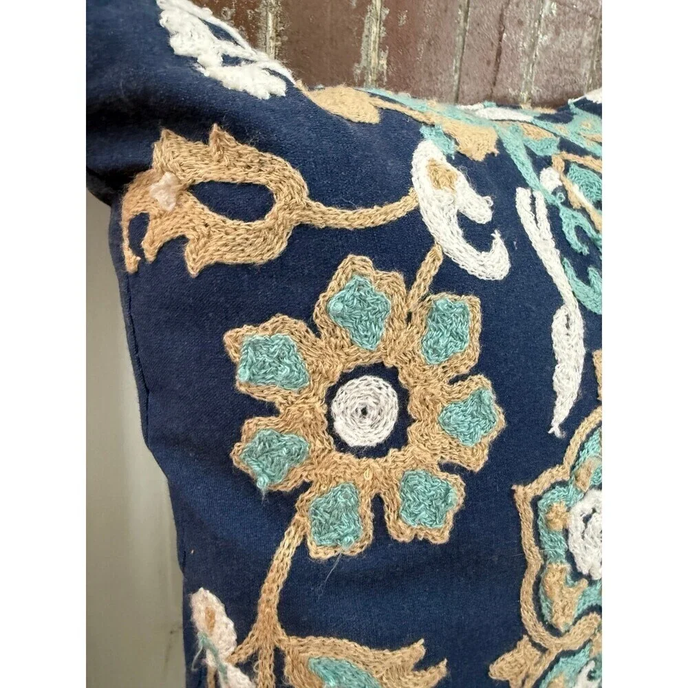 Blue floral embroidered, throw pillow