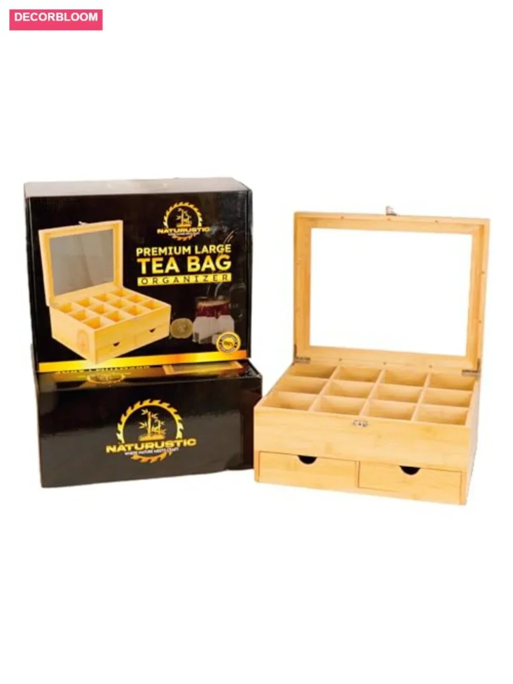 2-Drawer Bamboo Tea Bag Organizer with Acrylic Window, 12 Compartments, Latch