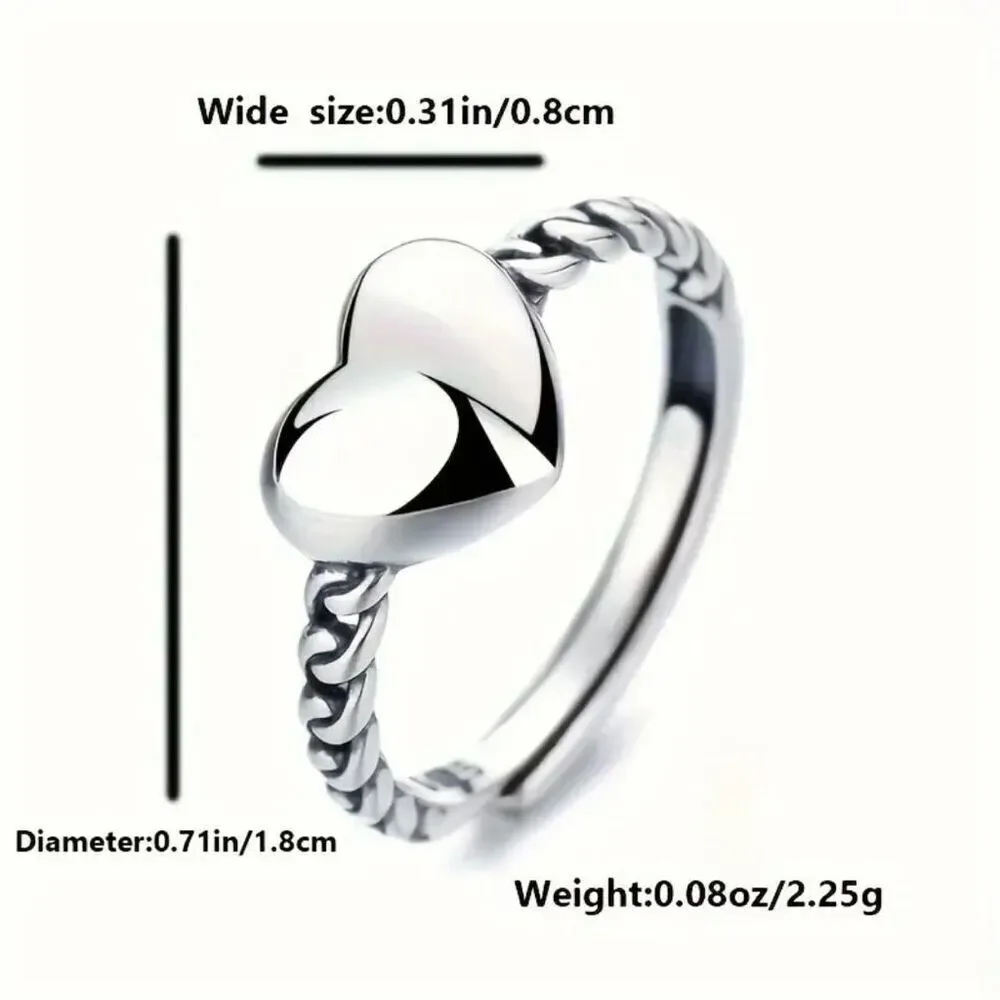Sterling Silver Heart Ring Womens Cute Design Adjustable Swirl Band New
