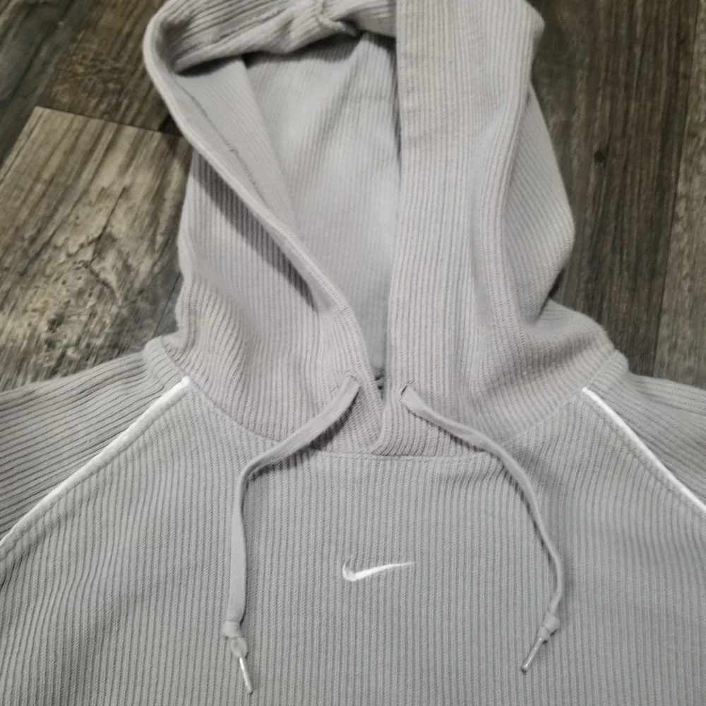 Nike Hoodie Swoosh Ribbed Knit Pullover Vintage 00s Gray Center Check Womens M