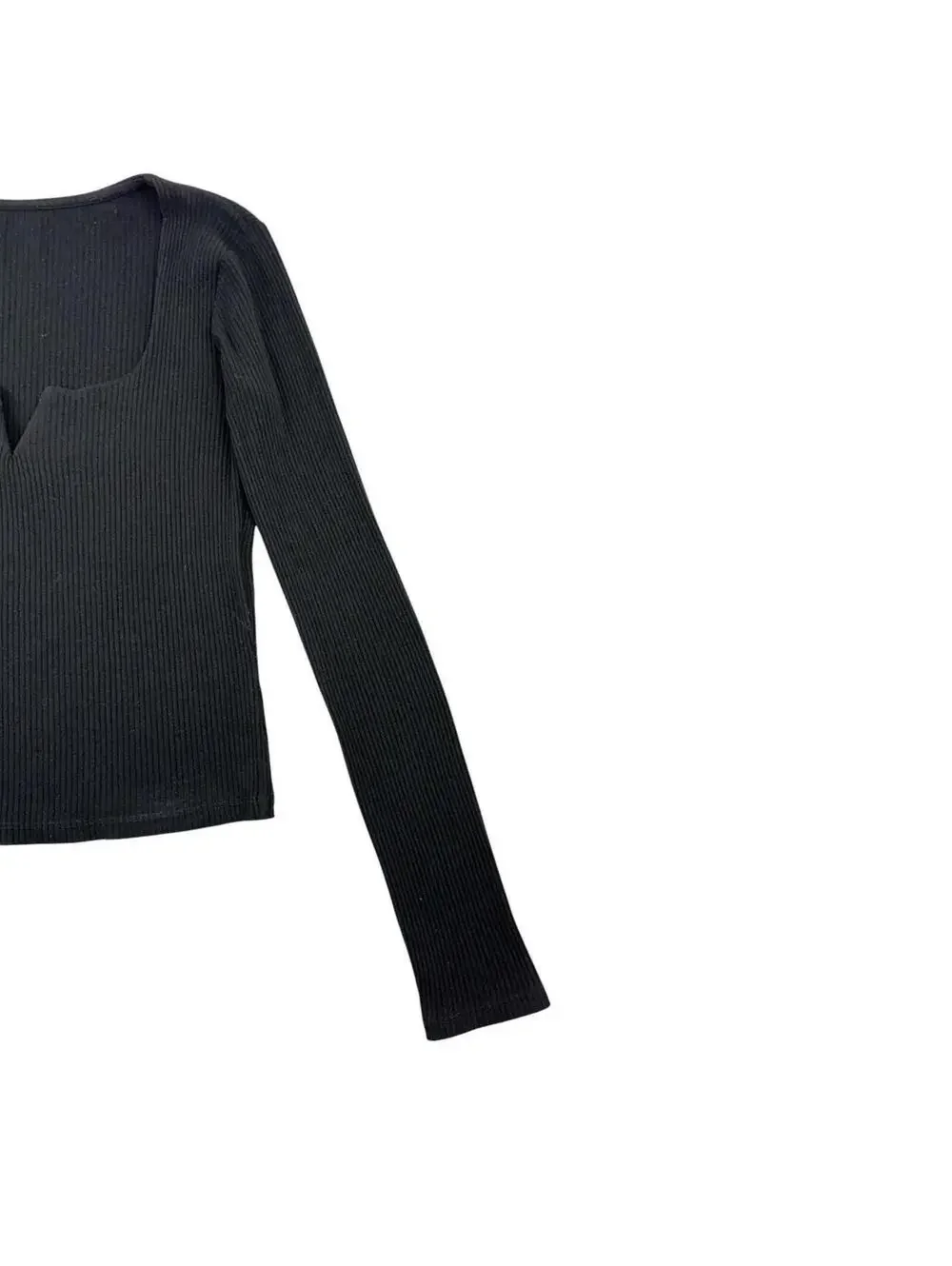 Black Ribbed Long Sleeve Top with Notch Neckline Y2K Minimalist Preppy