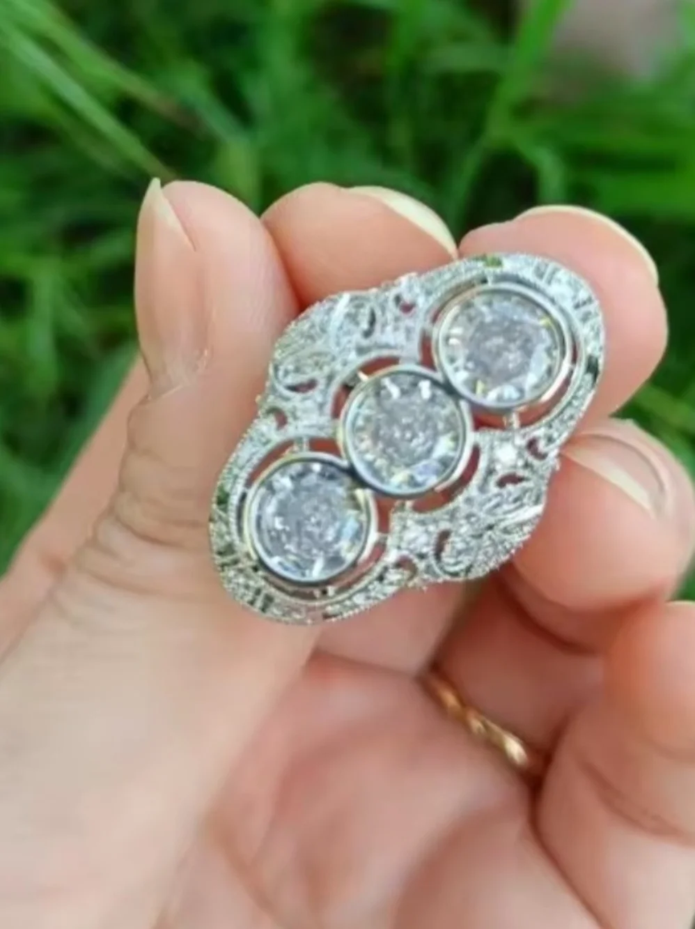 White Rhodium Three Stone White Quartz Filigree Ring