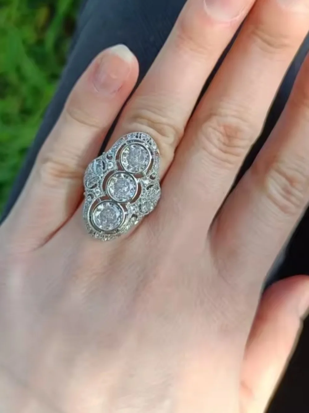 White Rhodium Three Stone White Quartz Filigree Ring