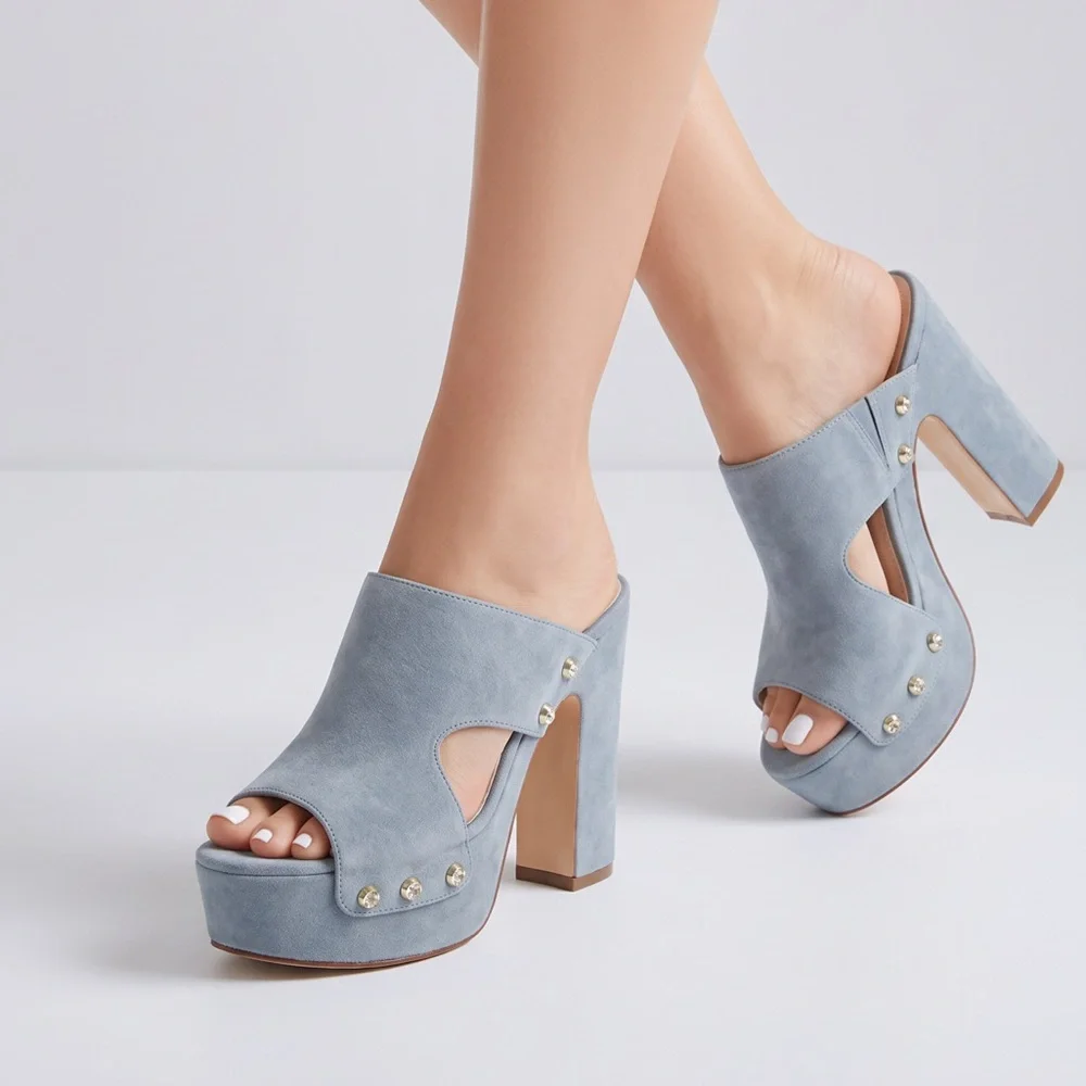 Gianmarco Lorenzi Women’s Powder Blue Suede Studded Platform Comfort Mules