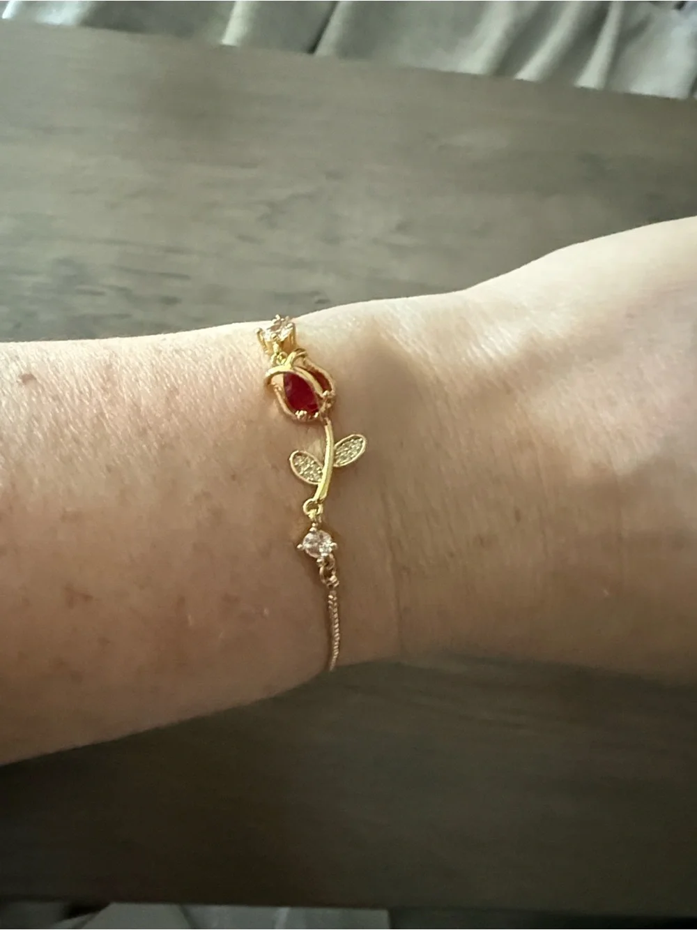Dainty 14K Gold Plated Rose Bracelet with Red Gemstone Adjustable Jewelry