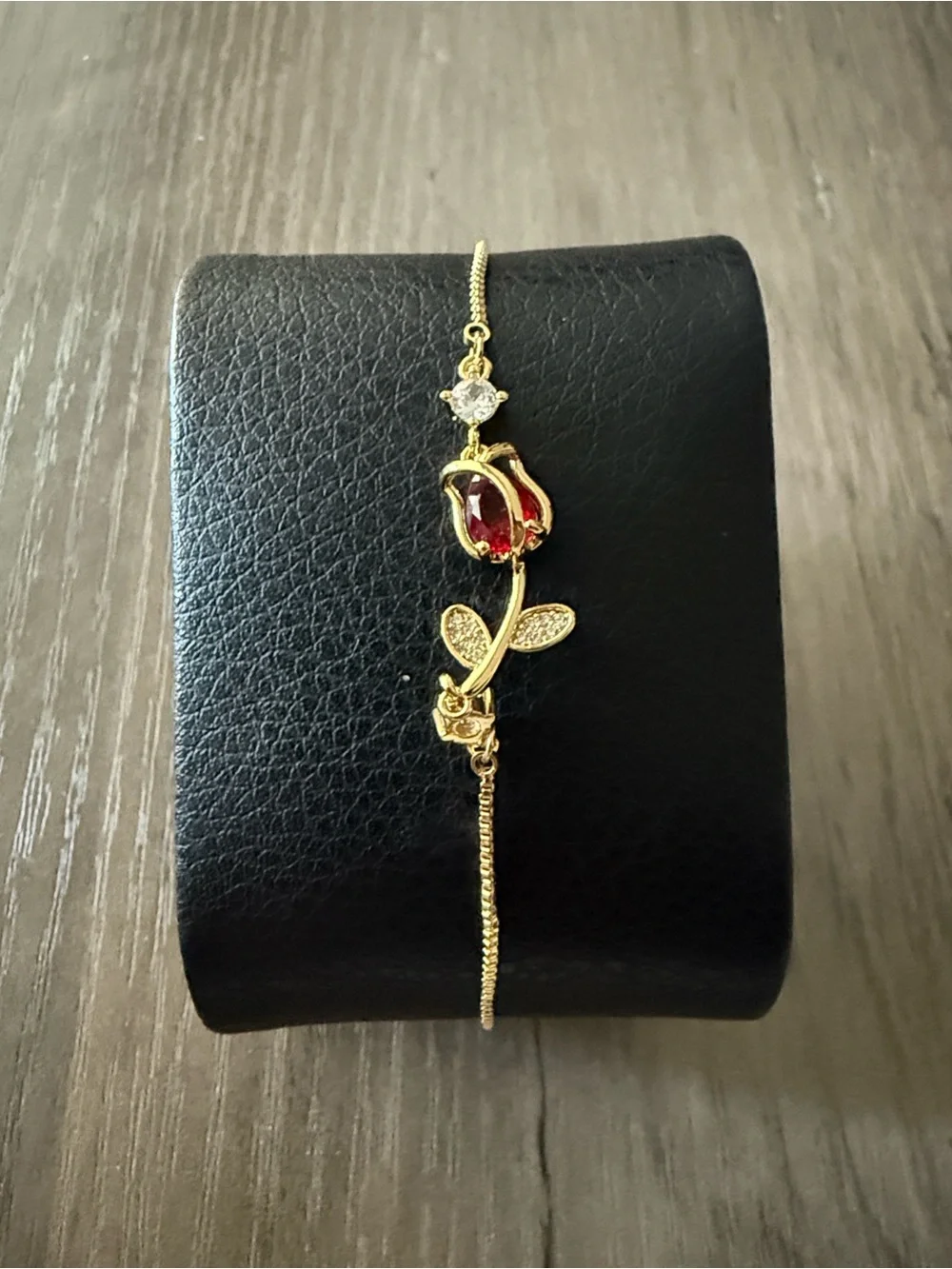 Dainty 14K Gold Plated Rose Bracelet with Red Gemstone Adjustable Jewelry