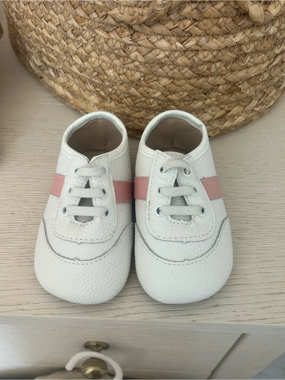 White and Pink Kids Leather Lace-Up Sneakers