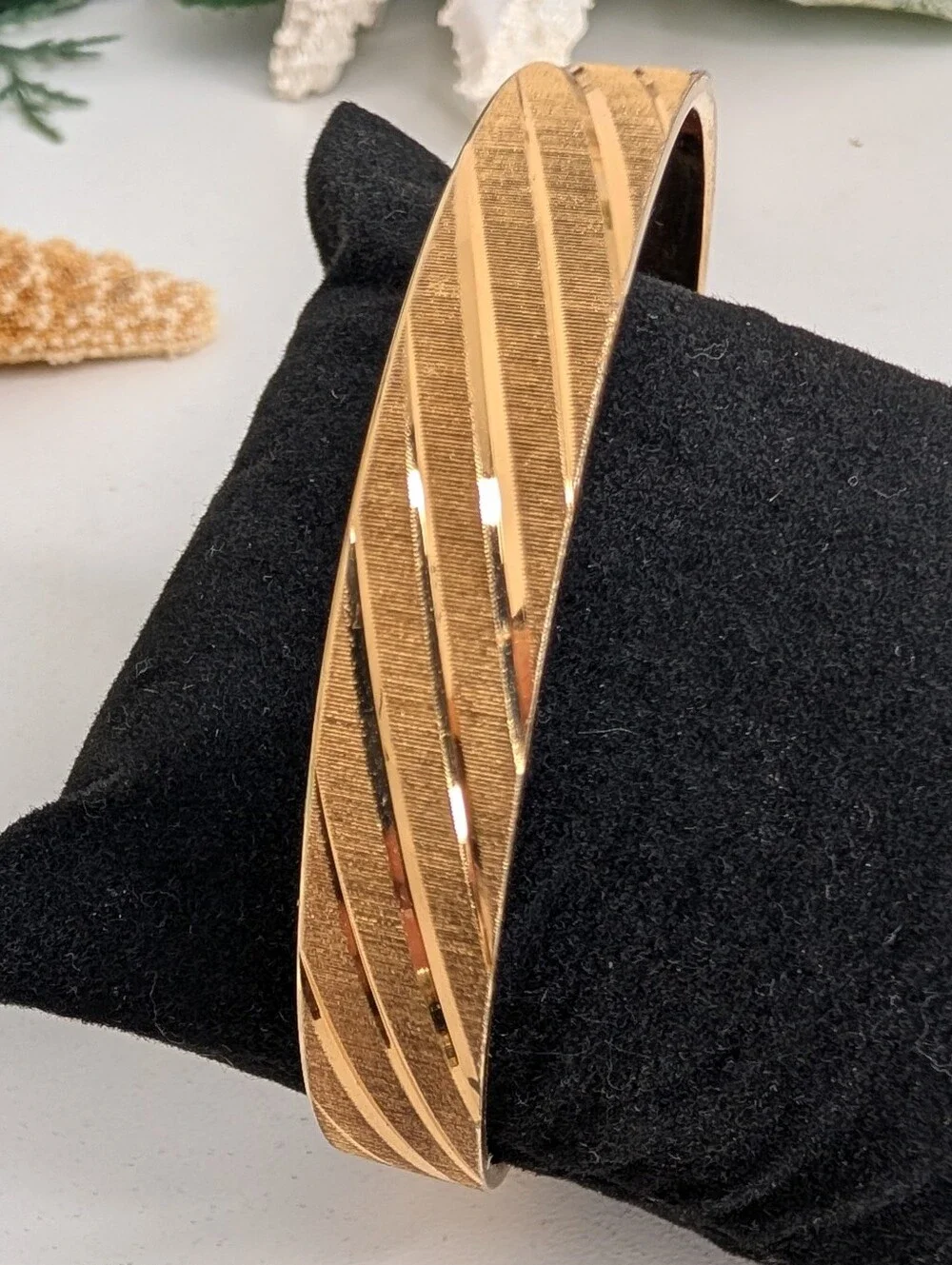 Vintage Monet Gold-Tone Textured Diagonal Stripe Bangle Bracelet