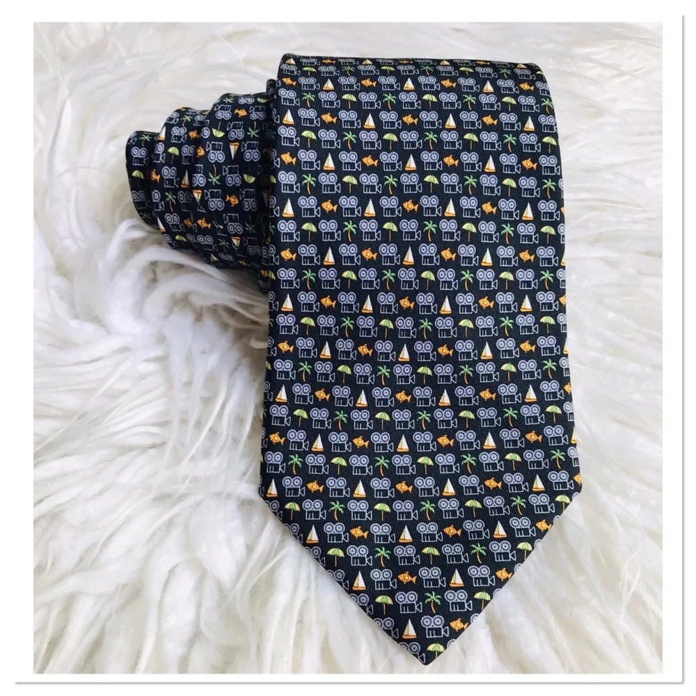 Salvatore Ferragamo 100% Silk Tie Fish Palm Tree Print Black Multicolour