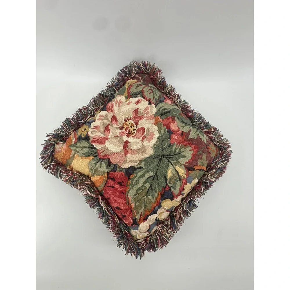 Vintage Floral Tapestry Throw Pillow Peony Garden Cottagecore Fringe 11x11