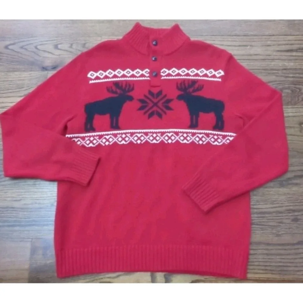 Chaps Winter Moose Sweater Sz M Snowflake Classic Holiday Preppy Red‎ Pullover