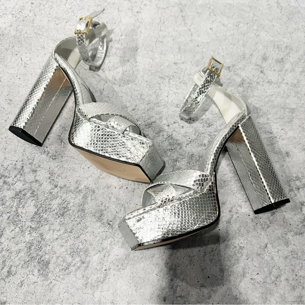 Good American Ankle Strap Open Toe Platform Sandals Silver Size 8